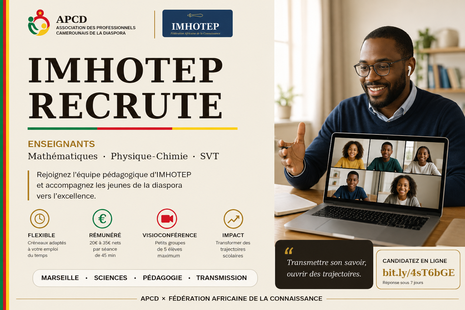 Imhotep recrute des enseignants en mathématiques, physique-chimie et SVT